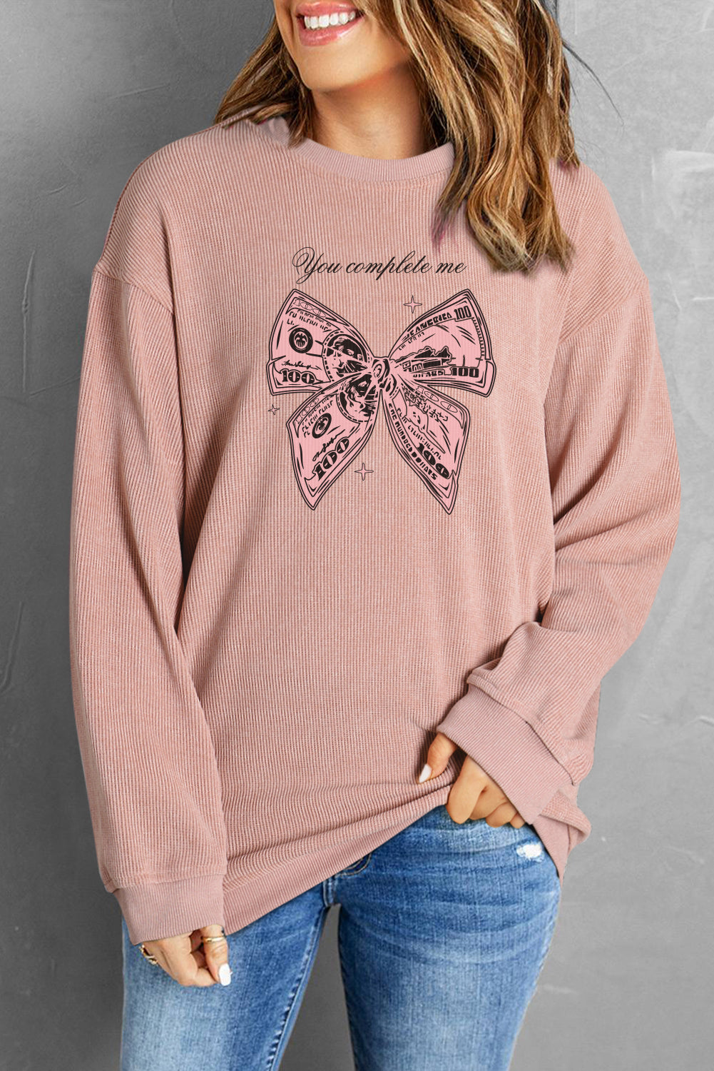Valentine's Day Cute Pink Bow Oversized Corduroy Pullover