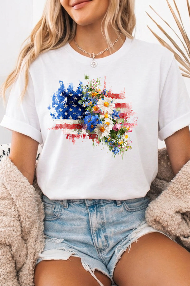 Patriotic Floral Graphic Tee Oversized USA Holiday Top