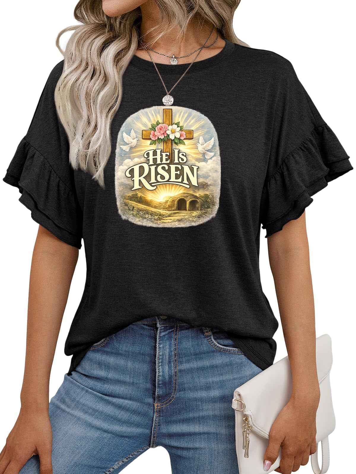 Easter He Is Risen Graphic Ruffle Sleeve Cotton T Shirt