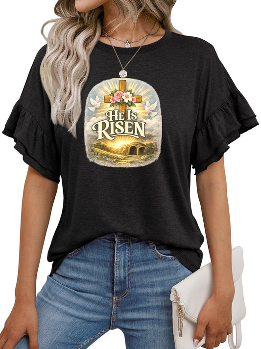 Easter He Is Risen Graphic Ruffle Sleeve Cotton T Shirt