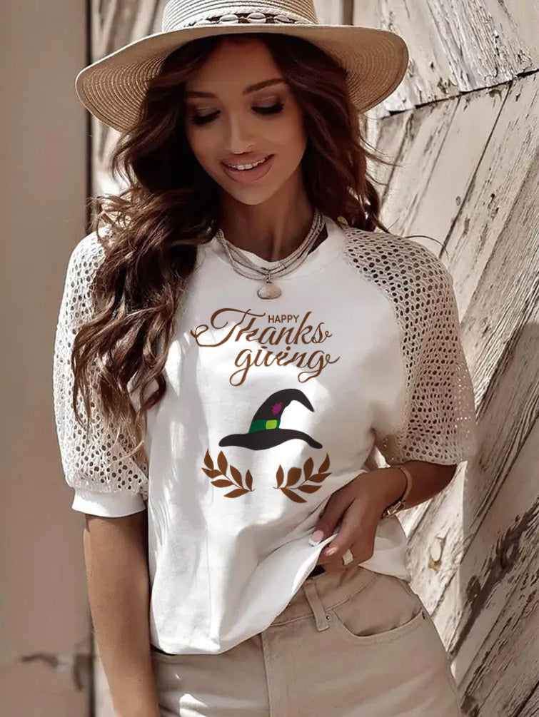Thanksgiving Happy Holiday Graphic Crochet Sleeve T Shirt