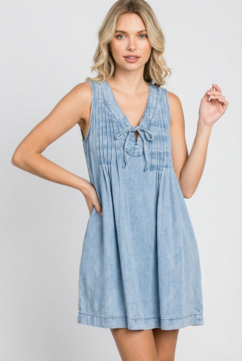 Washed Denim V Neck Mini Dress with Pockets