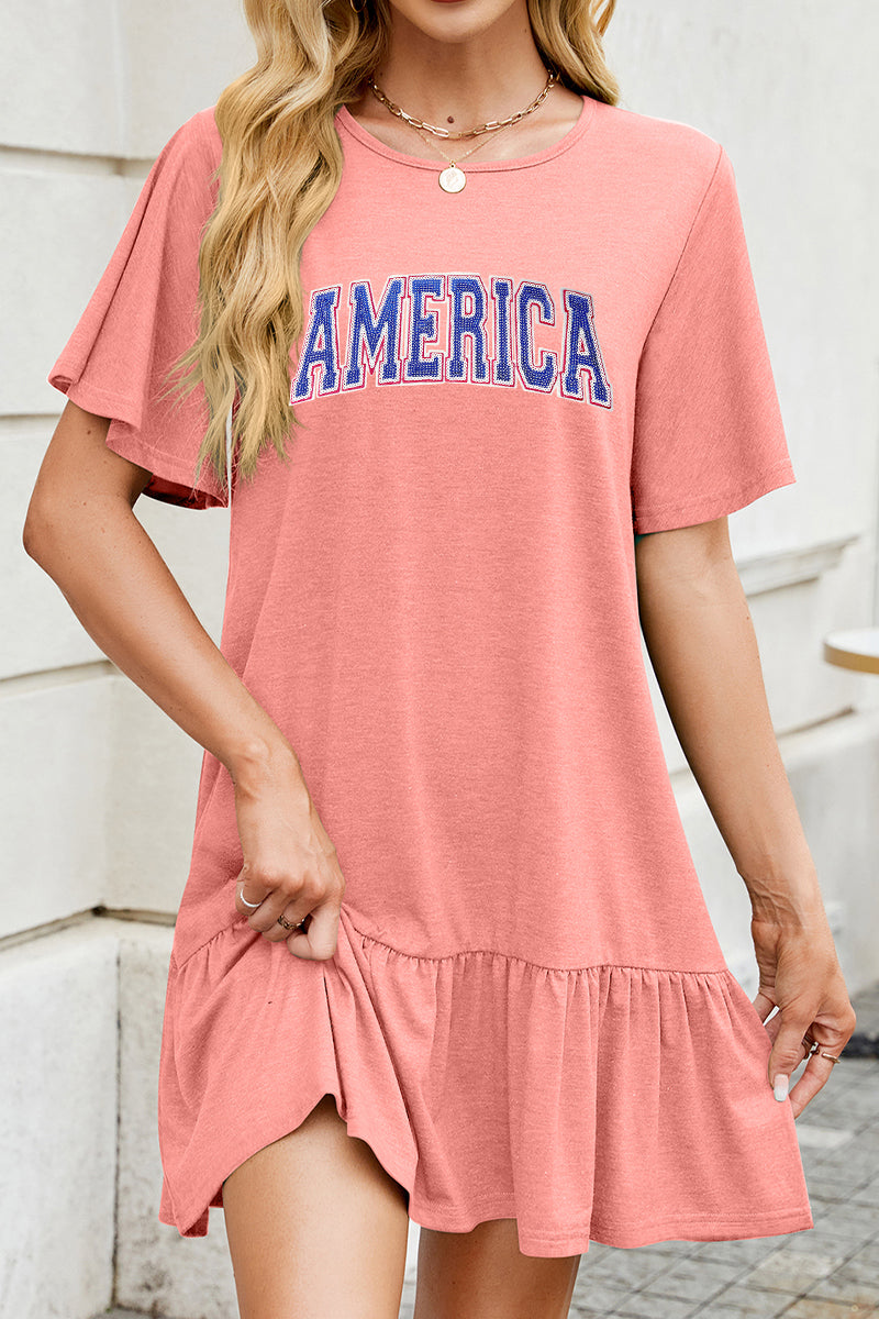 America Graphic Ruffle Hem Loose Fit Short Sleeve Dress