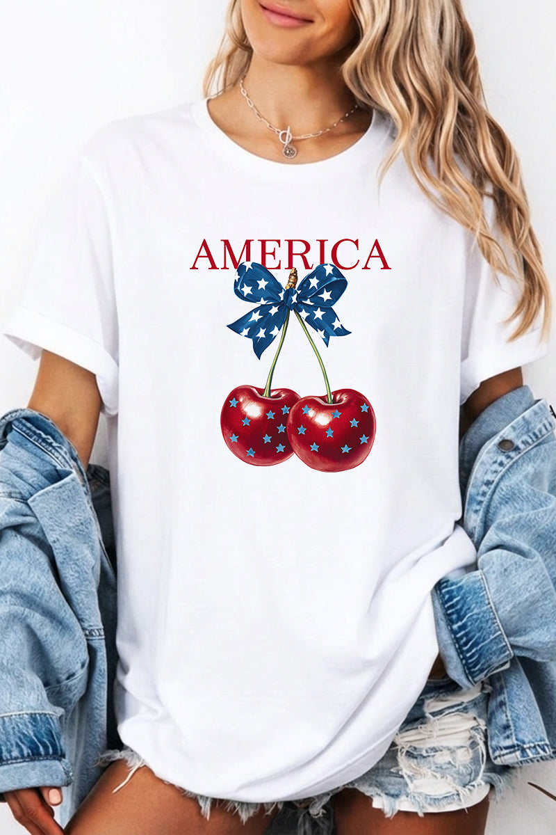 Patriotic Cherry Graphic Tee Oversized America Holiday Top