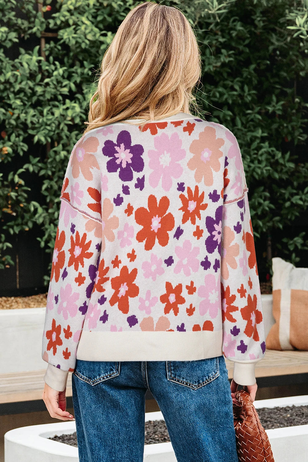 Khaki Fall Floral Pattern Drop Shoulder Sweater