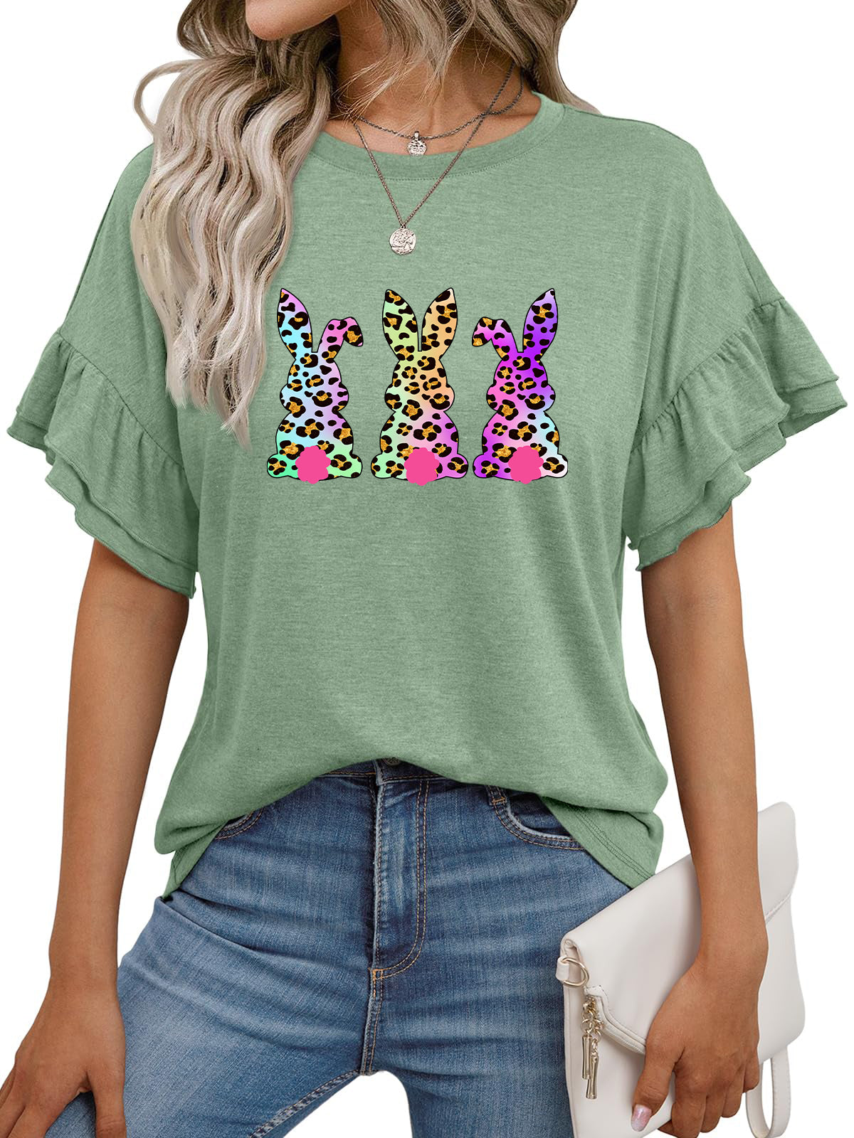Easter Floral Bunny Graphic Ruffle Sleeve T Shirt