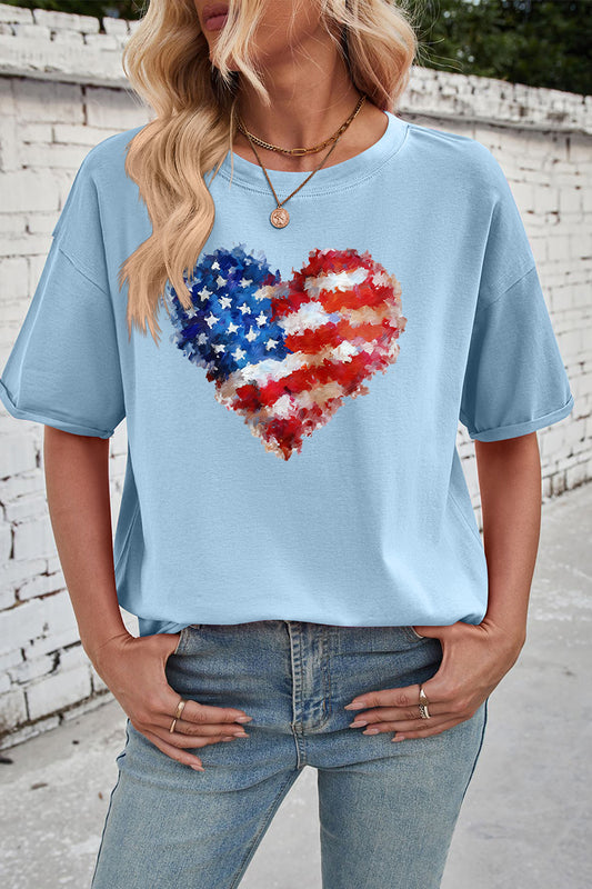 Patriotic Cotton Graphic Tee Oversized Flag Heart Top