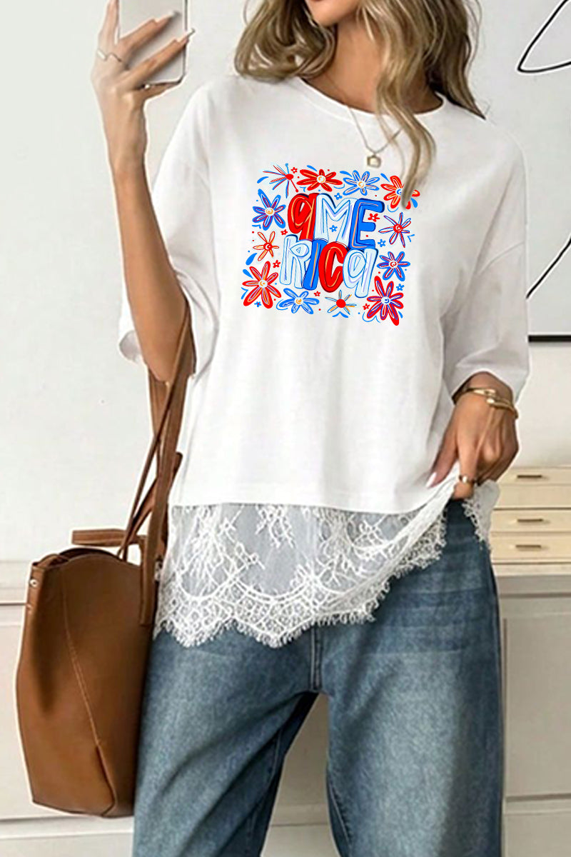 Patriotic Polyester Tee 4th July Flower Graphic Top
