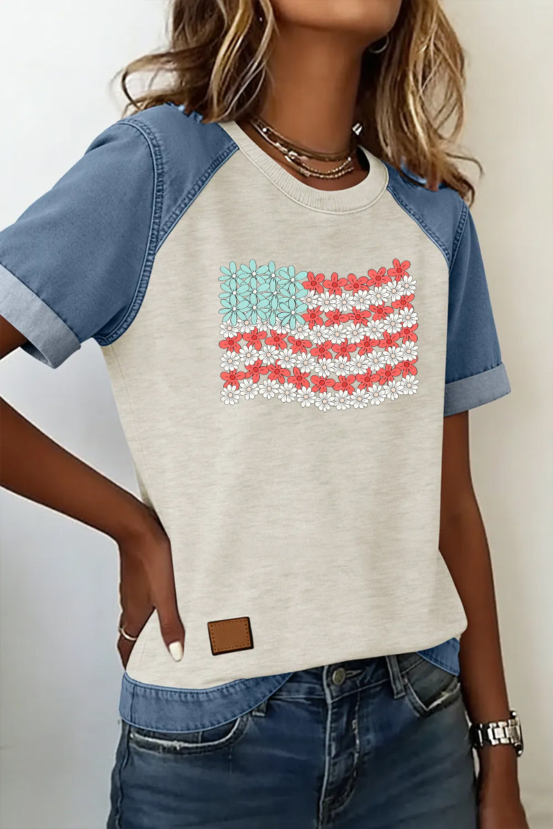 Floral Flag Denim Patchwork Tee Casual
