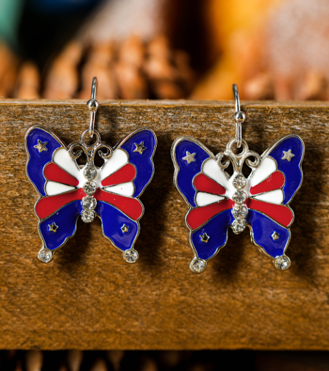 Dark Blue Stars and Stripes Print Butterfly Shape Hook Earrings