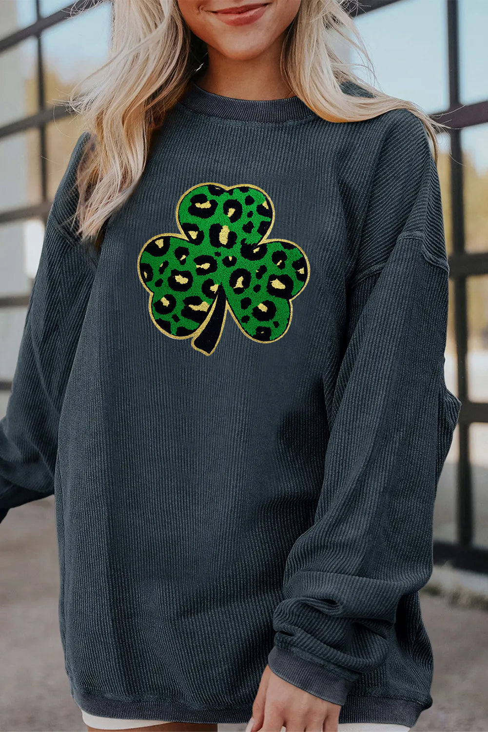 Saint Patrick’s Day Leopard Shamrock Corded Sweatshirt