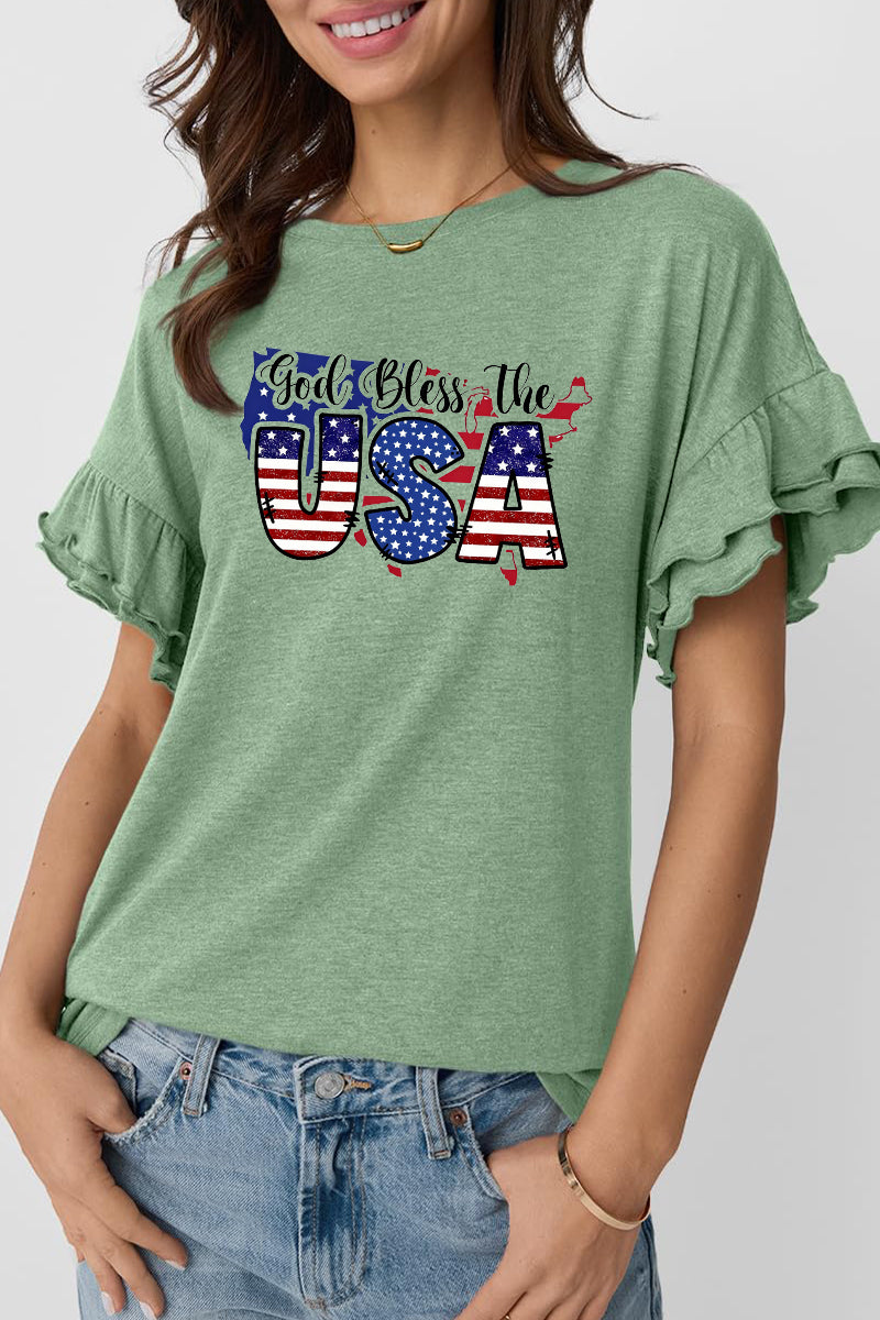 USA Flag Graphic Ruffle Sleeve Tee Patriotic Holiday Top