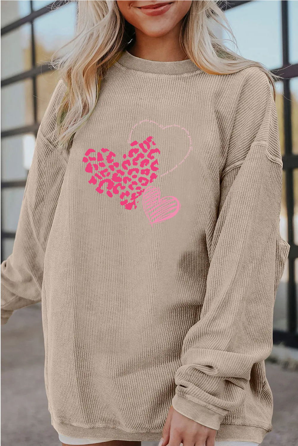 Valentine's Day Pink Leopard Heart Graphic Cozy Sweatshirt