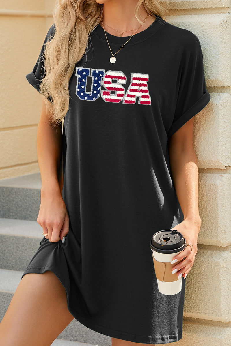 USA Flag Graphic T Shirt Dress Loose Fit Pocket
