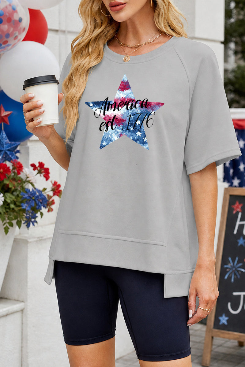 America Est 1776 Patriotic Star Graphic Oversized T Shirt