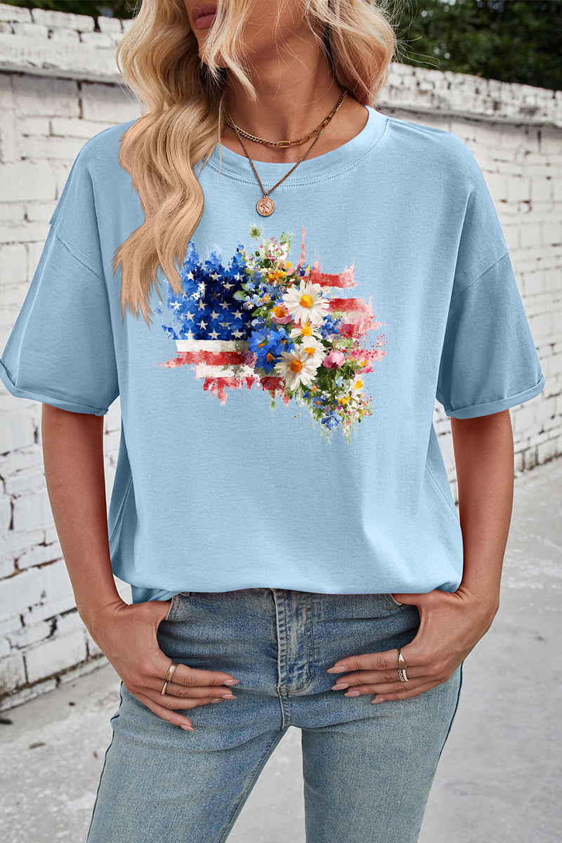 Patriotic Floral Rayon Tee Oversized Casual Summer Top