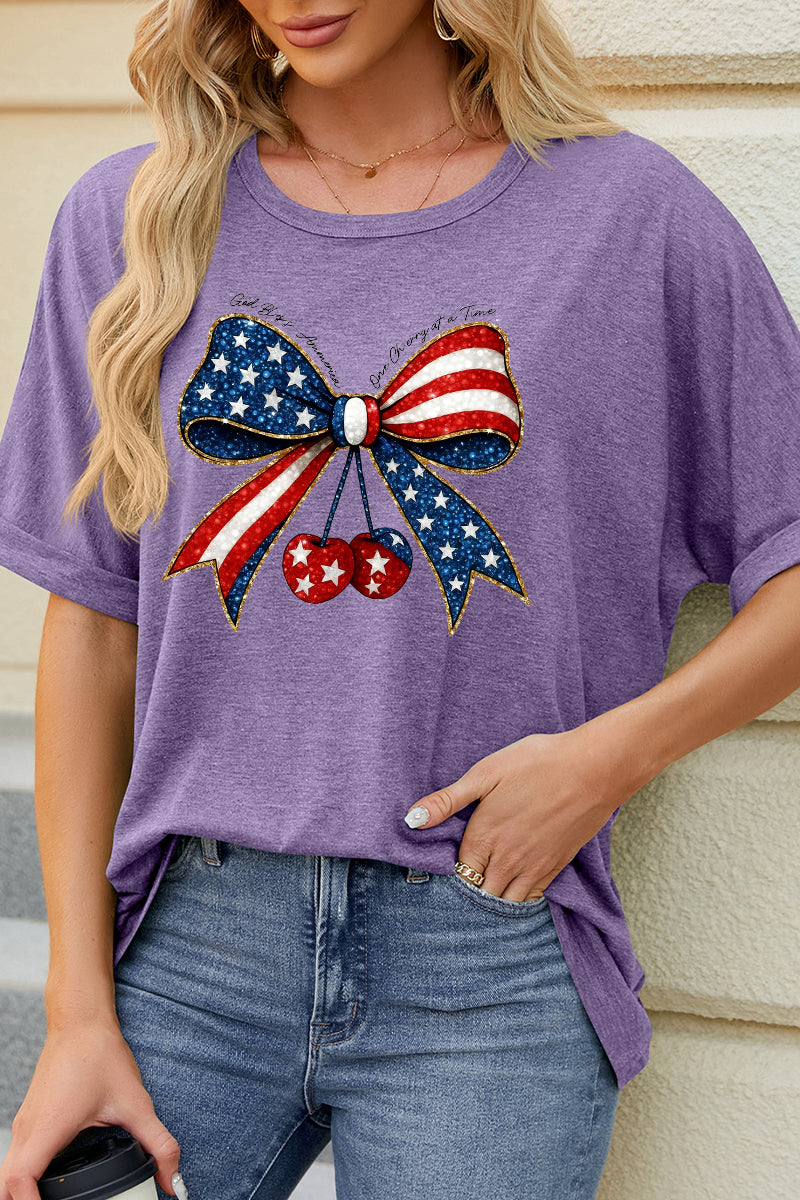Independence Day Bow Cherry Graphic Casual Summer Tee