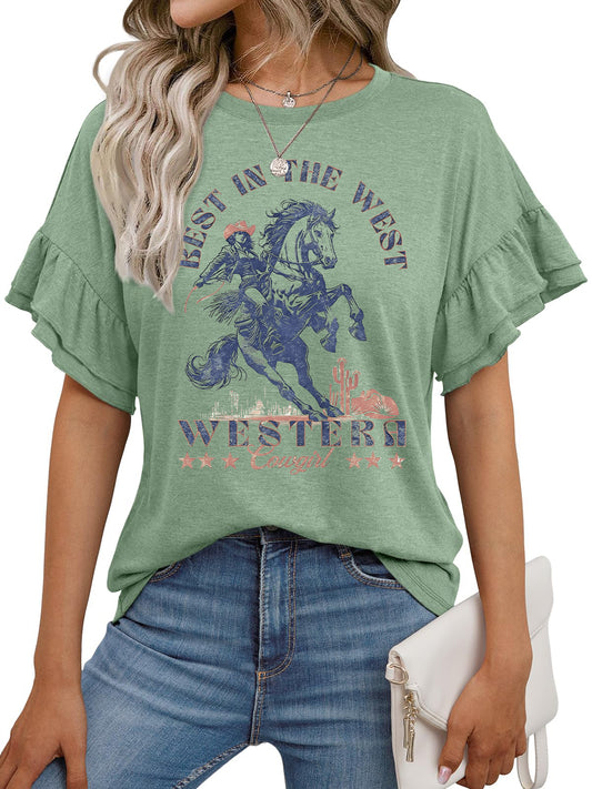 Western Graphic Ruffle Sleeve Tee Casual Cowgirl Top
