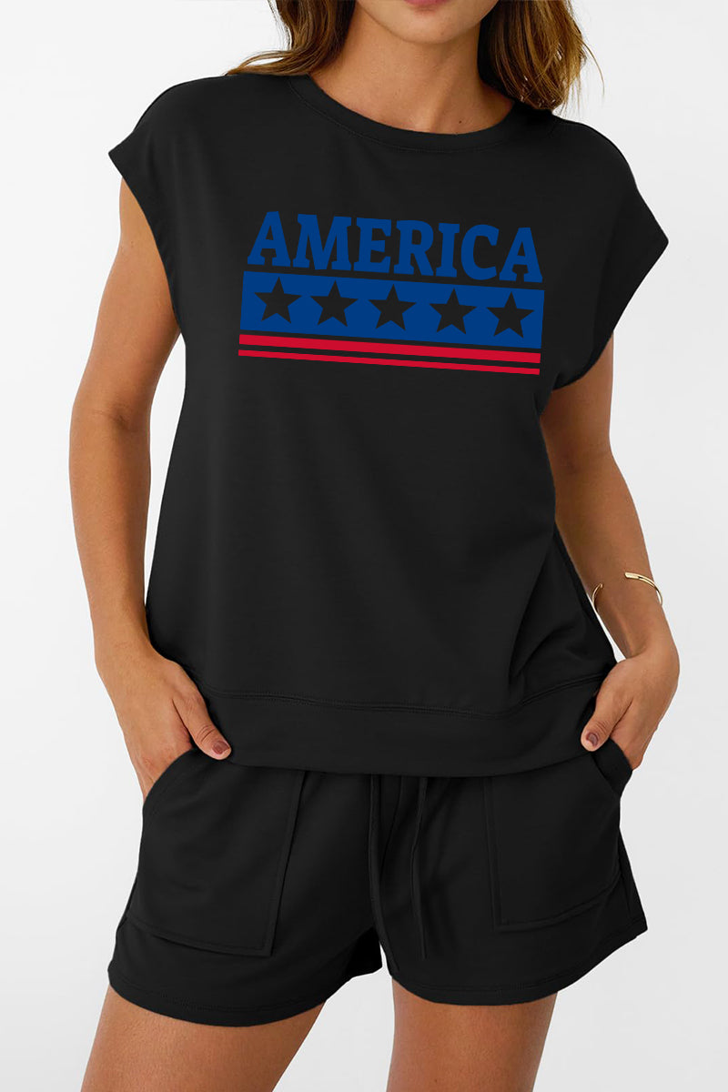 America Stars Stripes Tee Shorts Set Patriotic Summer Outfit