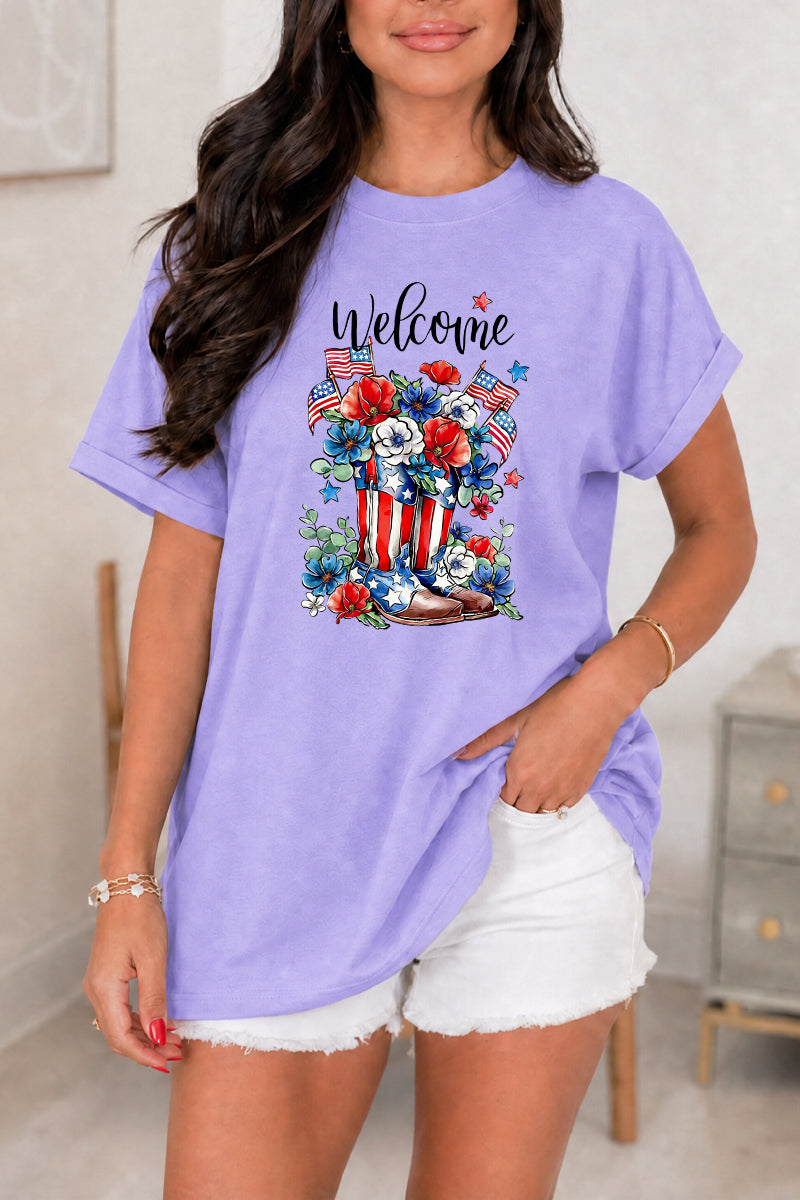Patriotic Floral Boots Welcome America Graphic Tee