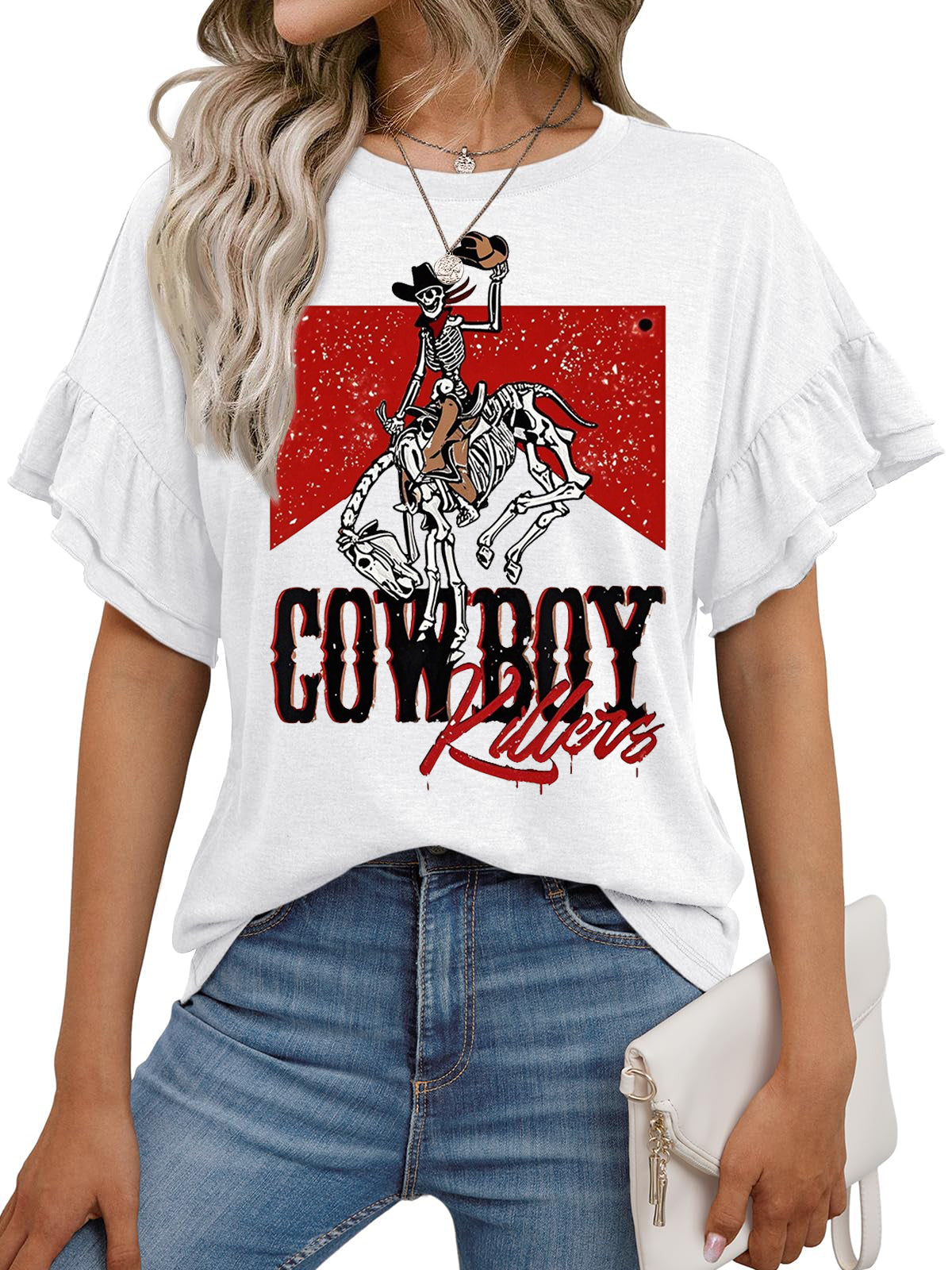 Vintage Cowboy Graphic Ruffle Sleeve Western Tee