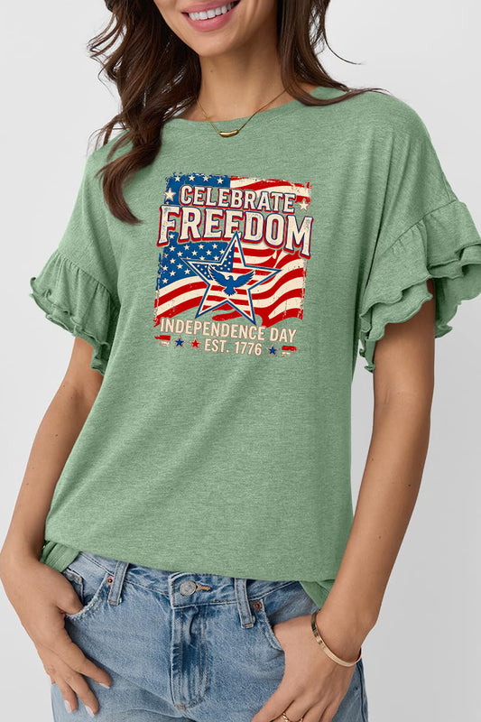 Freedom Cotton Tee Patriotic Graphic Ruffle Sleeve Top