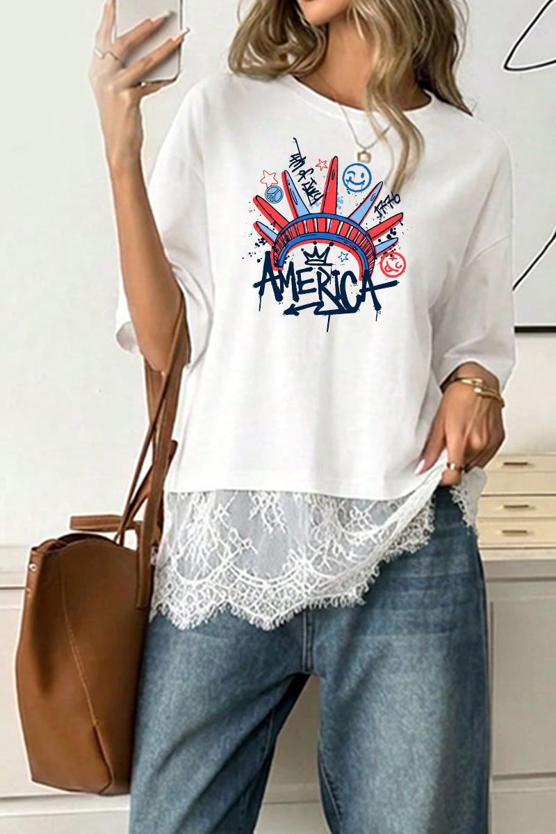 Patriotic Graphic USA Tee Lace-Hem Oversized Casual Top