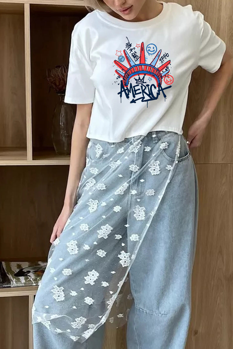 Patriotic Graphic Cotton Tee Lace Patchwork Top