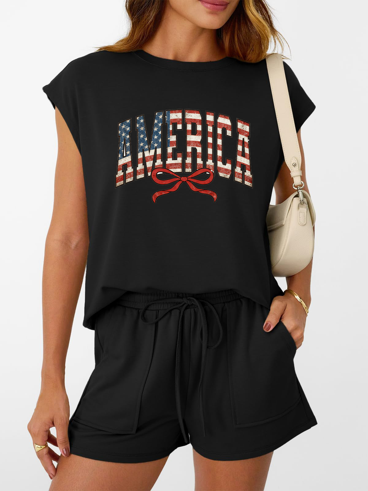 4th of July America Bow Detail Short Set Outfit