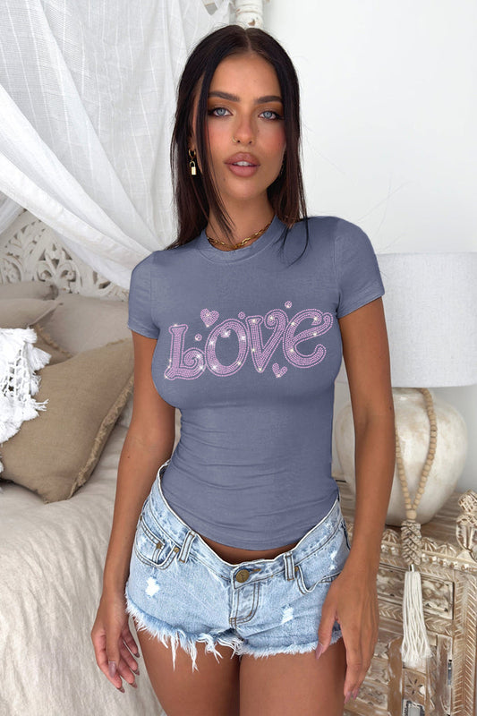 Valentine's Day Rhinestone Love Fitted Short Sleeve Tee