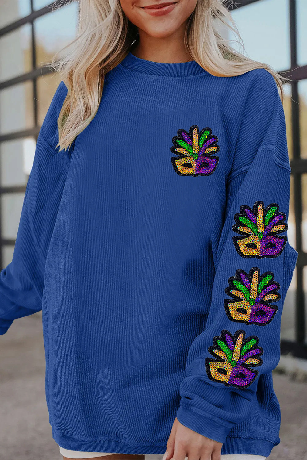 Mardi Gras Mask Patch Sleeve Detail Casual Sweatshirt