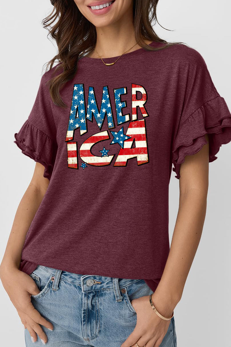 America Flag Graphic Ruffle Sleeve Tee Patriotic Top