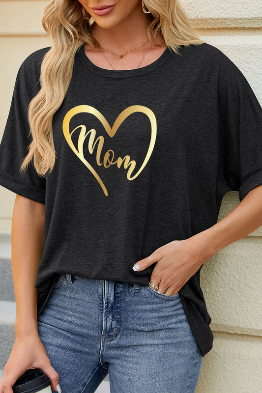 Heart MOM Graphic Casual Tee Mother's Day Gift Top