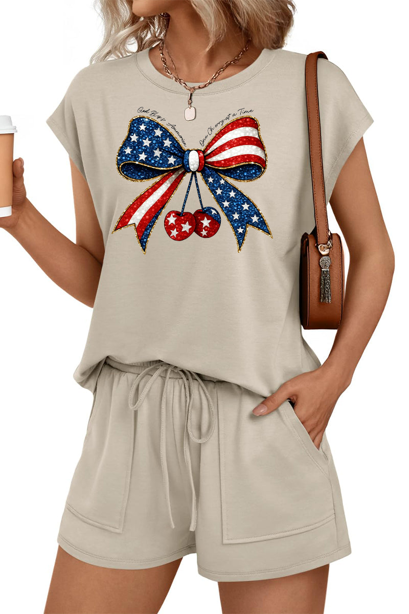 USA Flag Bow Graphic Two Piece Lounge Set Women