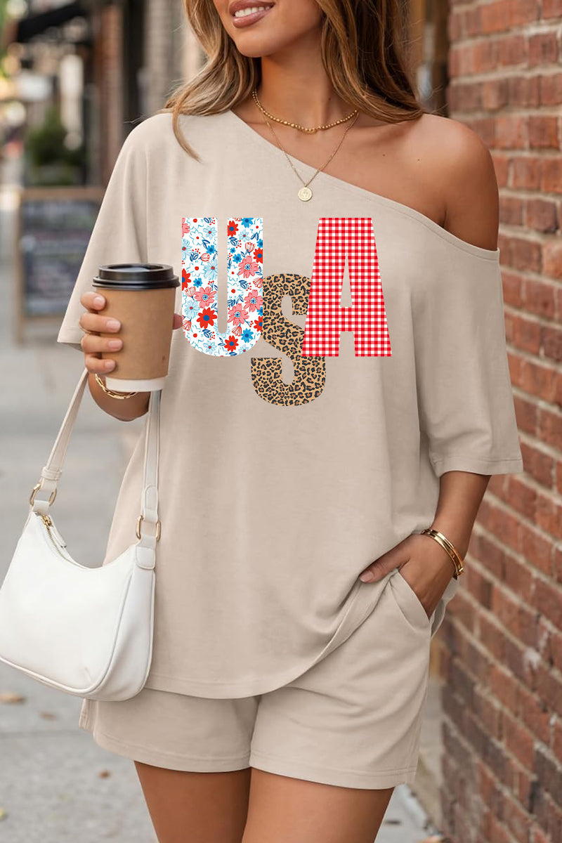 USA Graphic Off Shoulder Short Sleeve Summer Top Set
