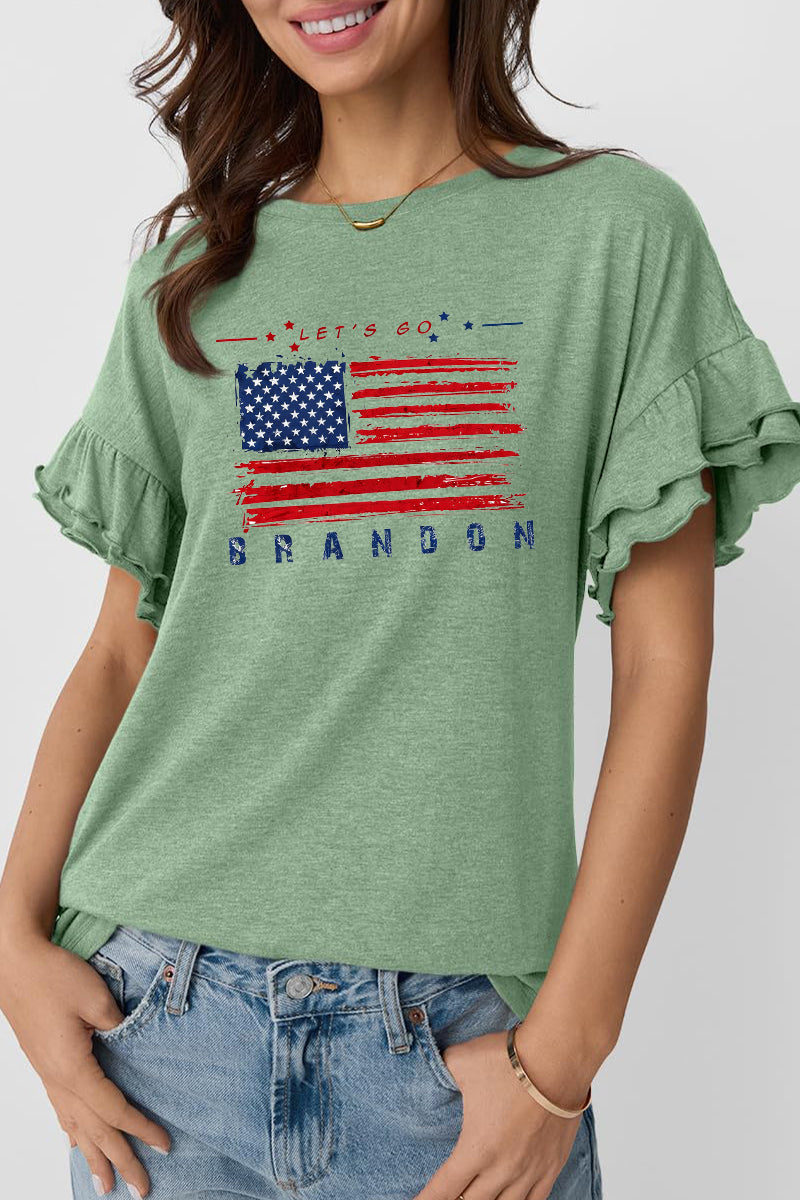 USA Flag Graphic Ruffle Sleeve Tee Patriotic Holiday Top
