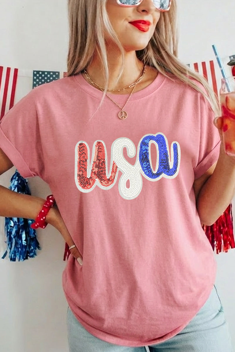 USA Sequin Patch Patriotic Graphic Fourth of July Tee