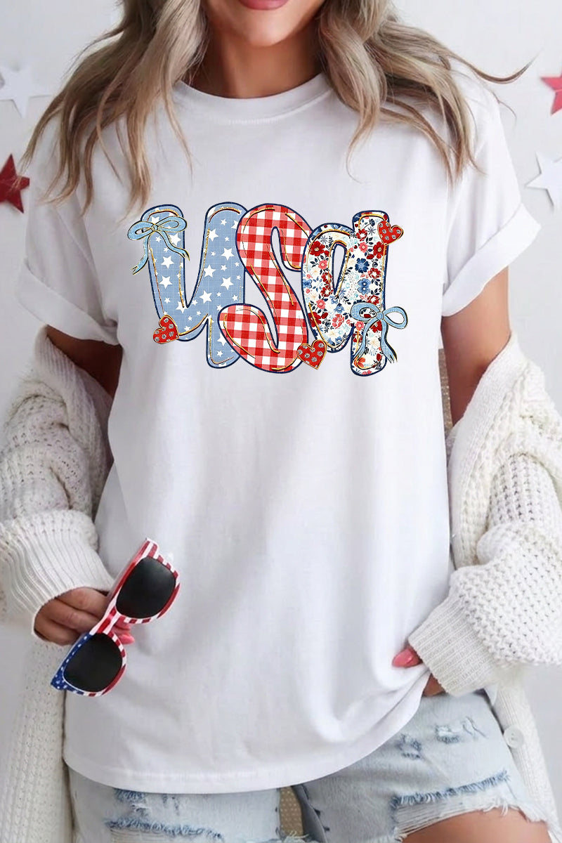USA Patchwork Heart Graphic Tee Women Fourth of July Top