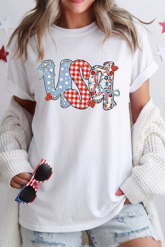 USA Patchwork Heart Graphic Tee Women Fourth of July Top