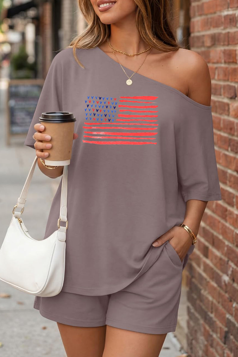 American Flag Off Shoulder Lounge Shorts Set Women