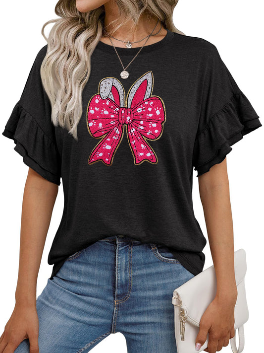 Easter Bunny Bow Graphic Ruffle Sleeve T Shirt