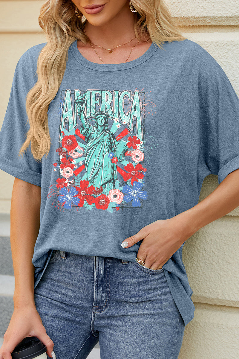 American Statue Graphic Tee Floral Patriotic Shirt