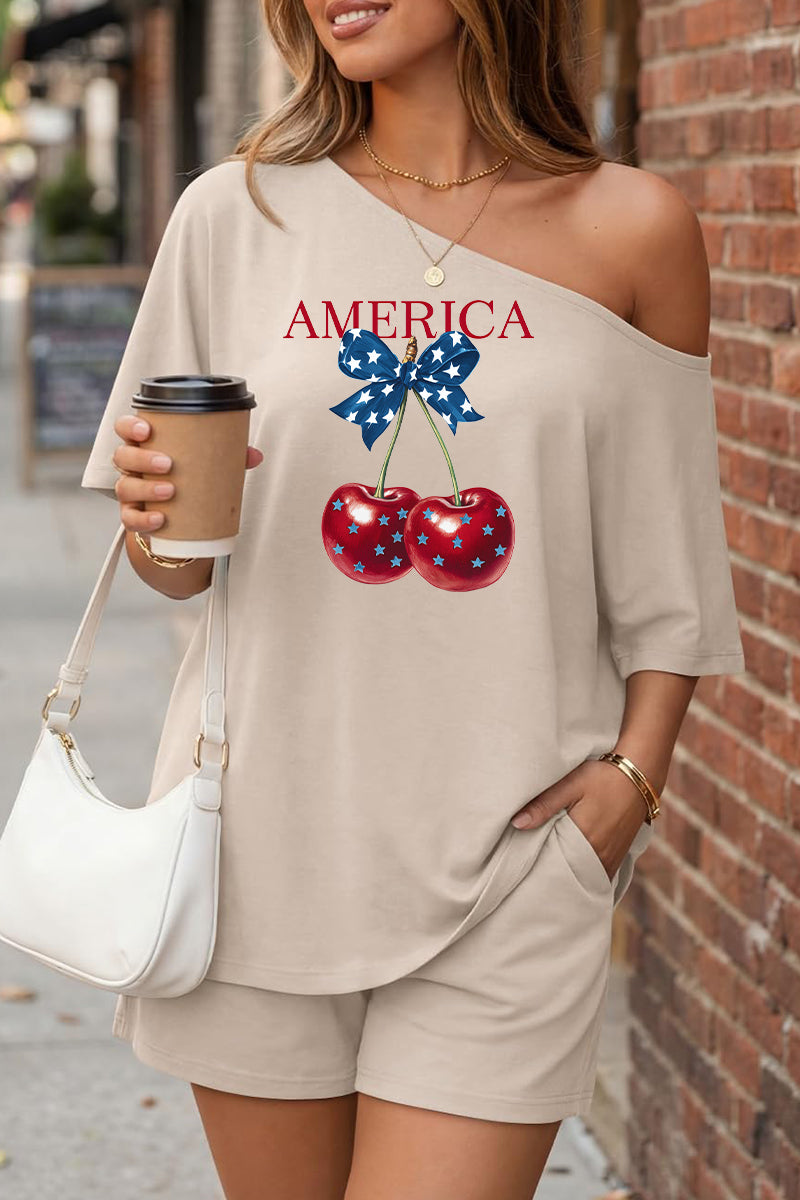 USA Patriotic Cherry Off Shoulder Short Sleeve Summer Set
