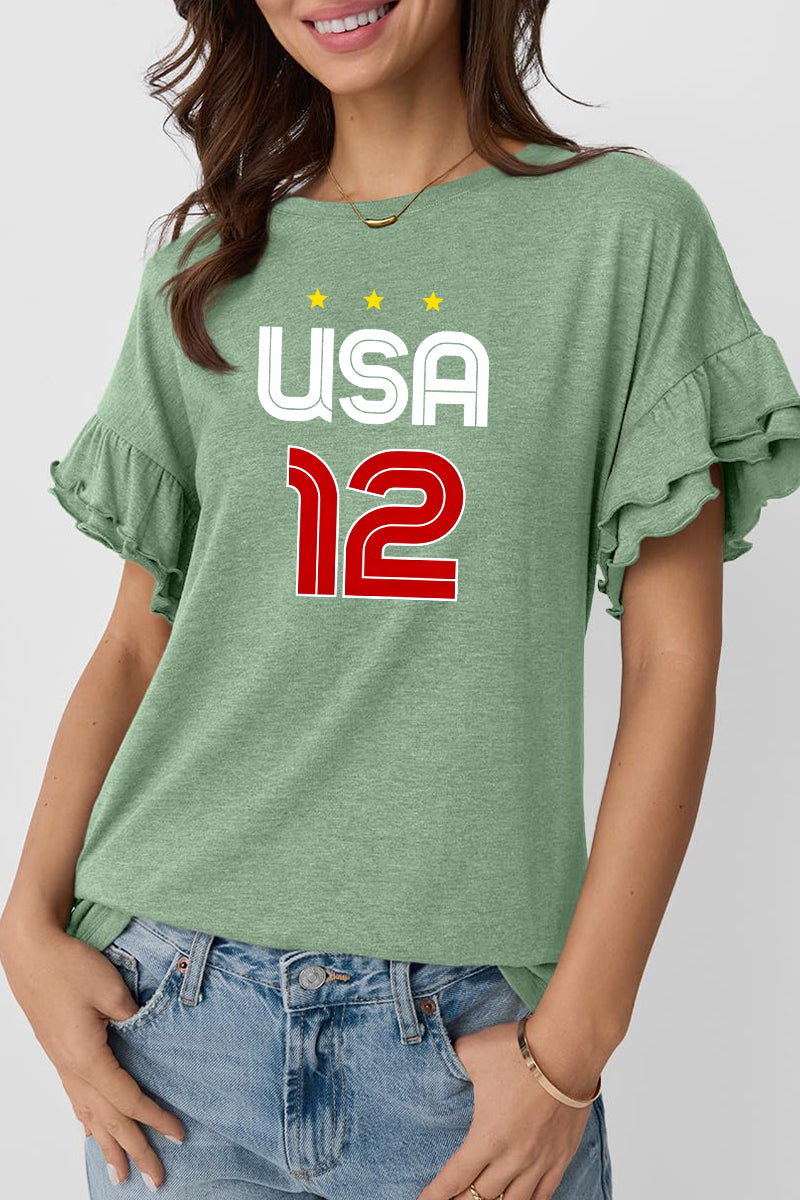 Graphic Cotton T Shirt USA Soccer Ruffle Sleeve Tee
