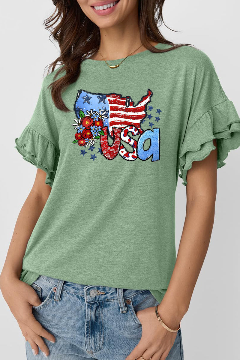 USA Floral Flag Graphic Ruffle Sleeve Patriotic Tee