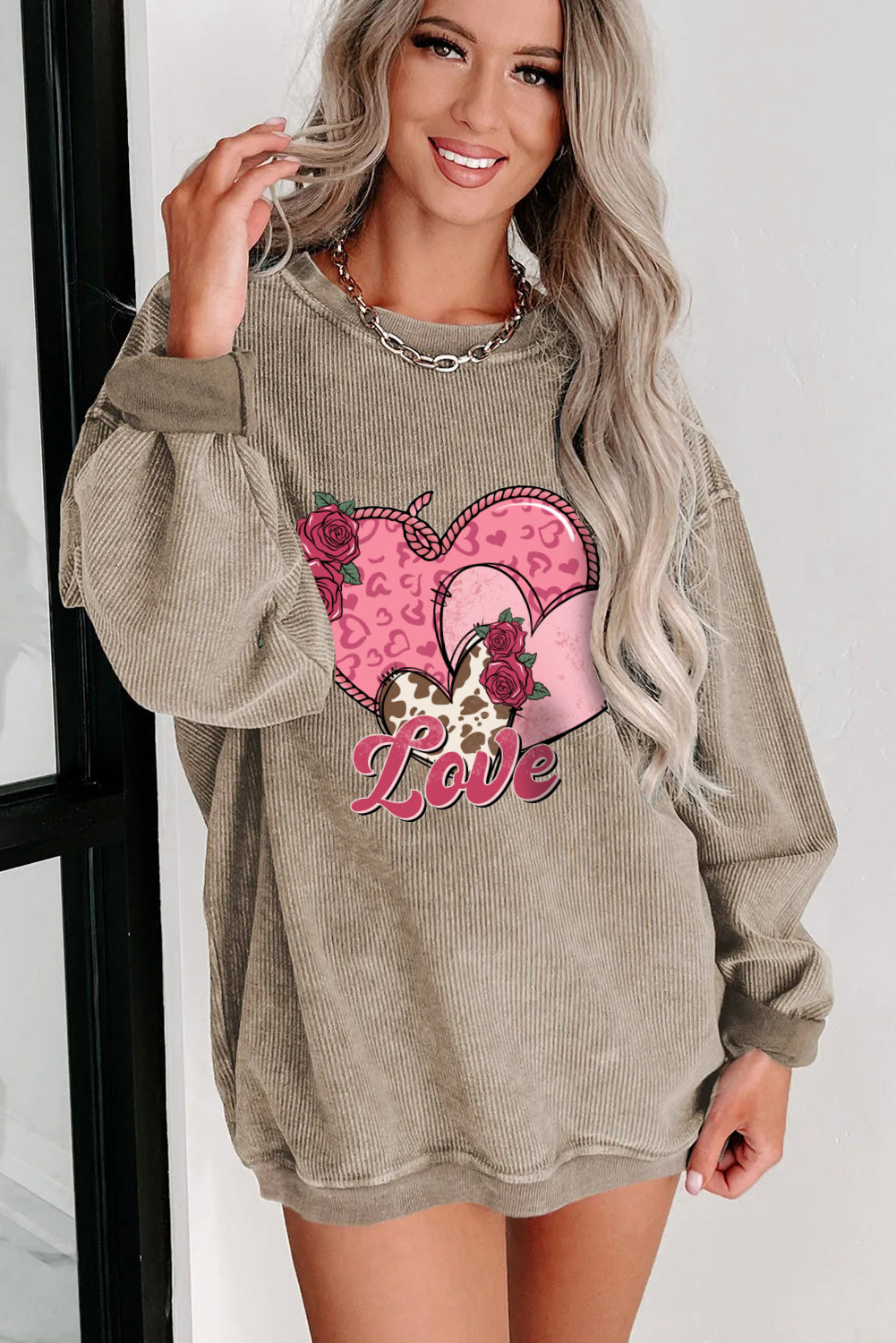 Valentine's Day Rose Love Pink Heart Print Cozy Sweatshirt