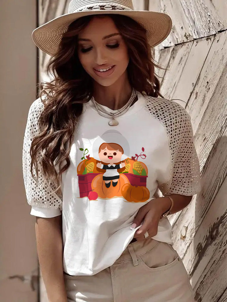 Thanksgiving Pilgrim Girl Pumpkin Harvest Graphic Tee