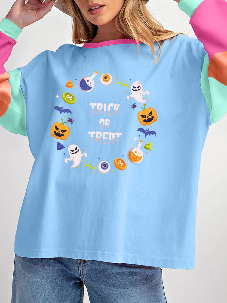 Trick or Treat Halloween Color Block Long Sleeve Tee