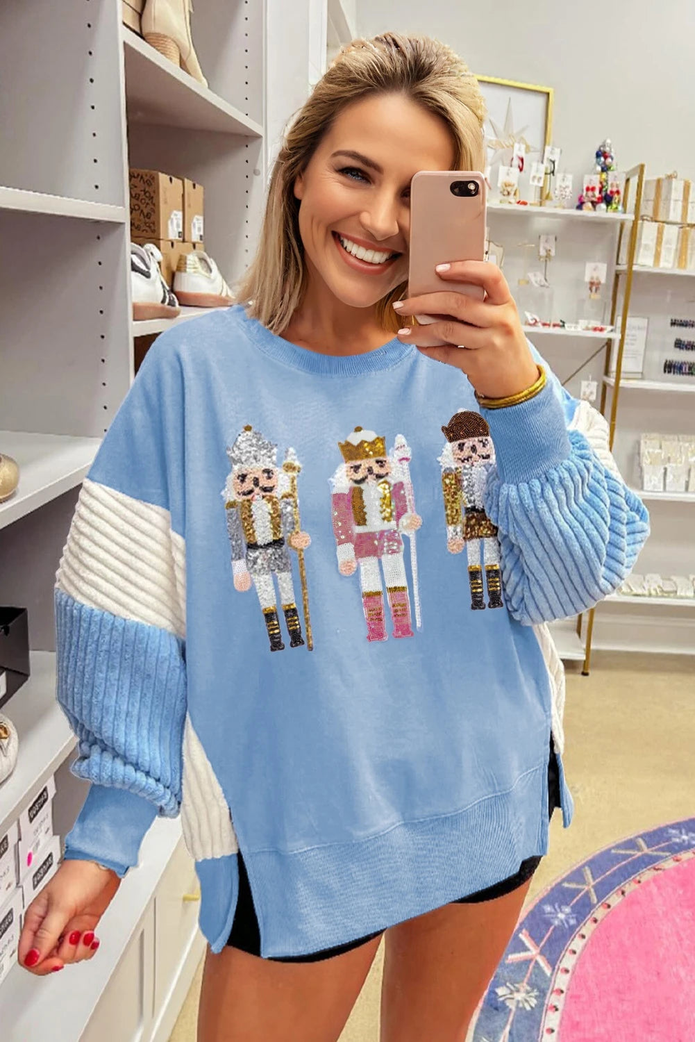 Sequin Nutcracker Textured Sleeve Patchwork Color Block Sweatshirt