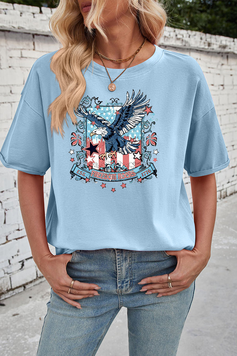 Patriotic Cotton Graphic Tee Oversized Eagle Freedom Top